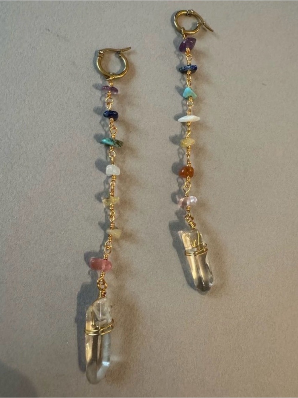 Gold Multistone Beaded 7 Chakra Crystal Huggie Drop Earrings- Bright Gems - Picture 3 of 3